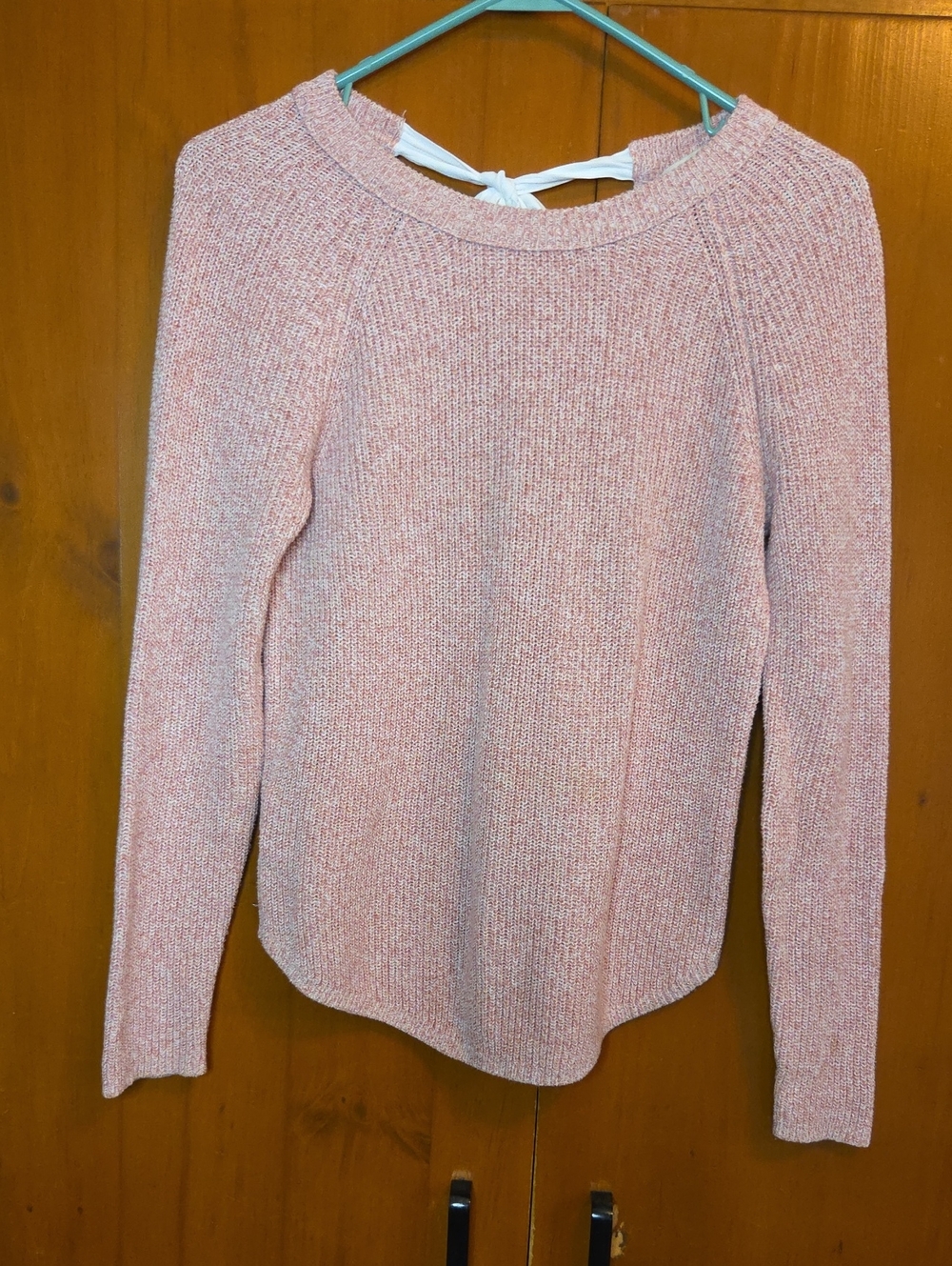 LOFT Soft Pink Heathered Scoopneck Pullover With Feminine Bow Back